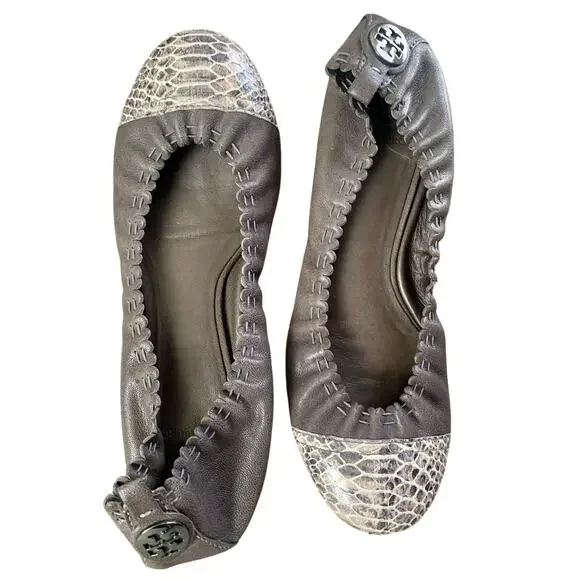 TORY BURCH Leather Snakeskin Ballet Flat Slip-On Shoe Grey Gunmetal Logo WMNS 9 - Picture 5 of 14